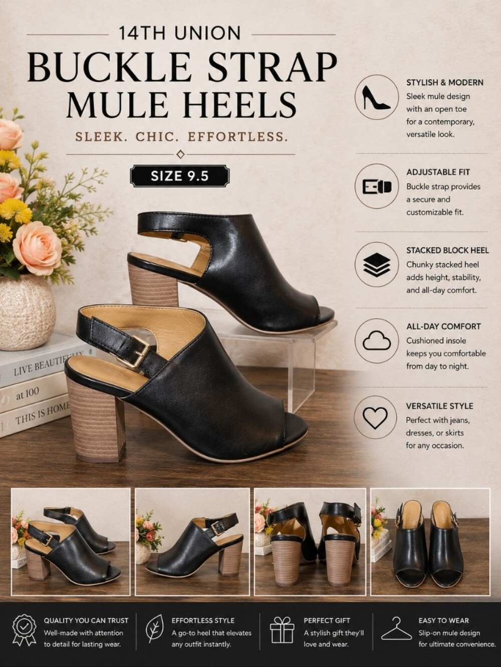 14th UNION Black Faux Leather Buckle Strap Mule Heels 9.5